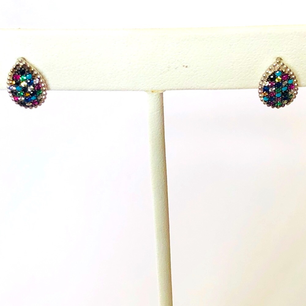 925 silver post earrings drop shape colorful cz and turquoise stones multi color
